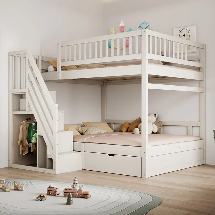 Merax Etagenbett (1-St, Hochbett Stockbett mit Sicherheitszaun), Massivholzbett Kinderbett 140x200cm mit Stauraumtreppe & Schublade