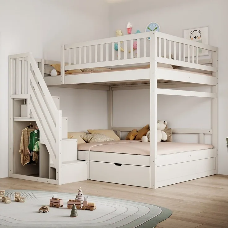 Merax Etagenbett (1-St, Hochbett Stockbett mit Sicherheitszaun), Massivholzbett Kinderbett 140x200cm mit Stauraumtreppe & Schublade