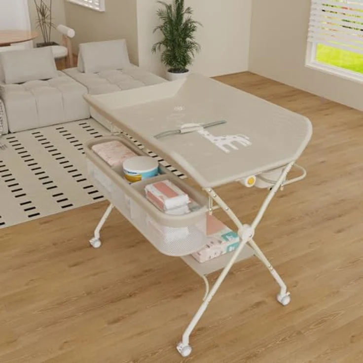 Wickeltisch, zusammenklappbar, mit Aufbewahrungskorb, Struktur aus Eisen, max. Belastung 25 kg, für Neugeborene, ergonomisches Design, Wickeltisch, 75 x 68 x 83–91 cm (A) Cremeweiß – Bild 3