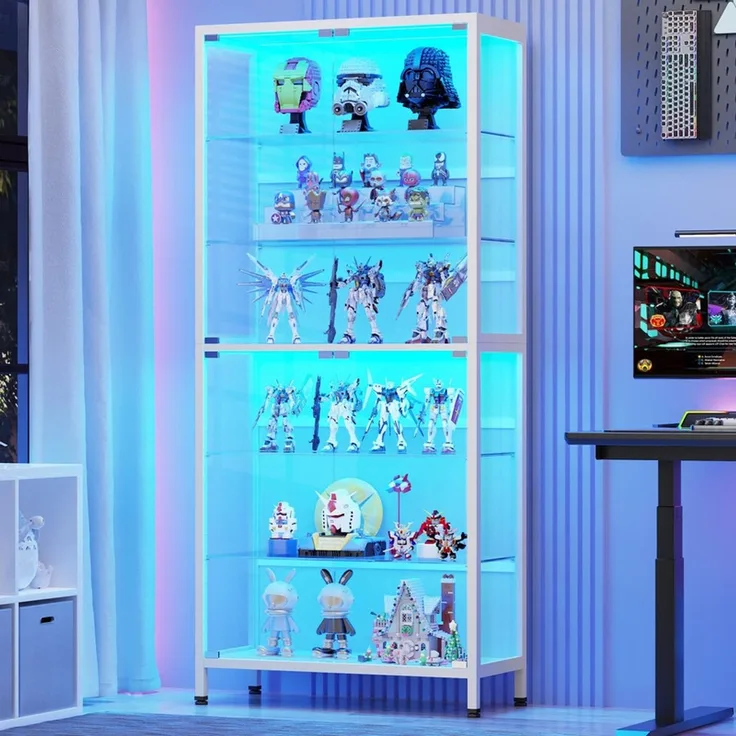 Glasvitrine 75x35x181 cm, 6-stöckige Vitrine mit LED-Beleuchtung, verstellbaren Glasböden und Sensor, Weiß