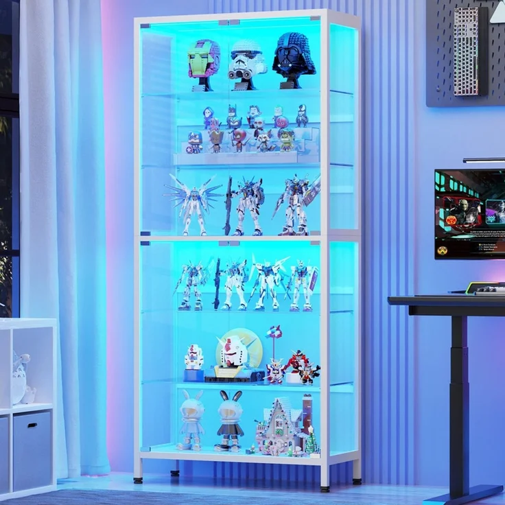 Glasvitrine 75x35x181 cm, 6-stöckige Vitrine mit LED-Beleuchtung, verstellbaren Glasböden und Sensor, Weiß – Bild 1