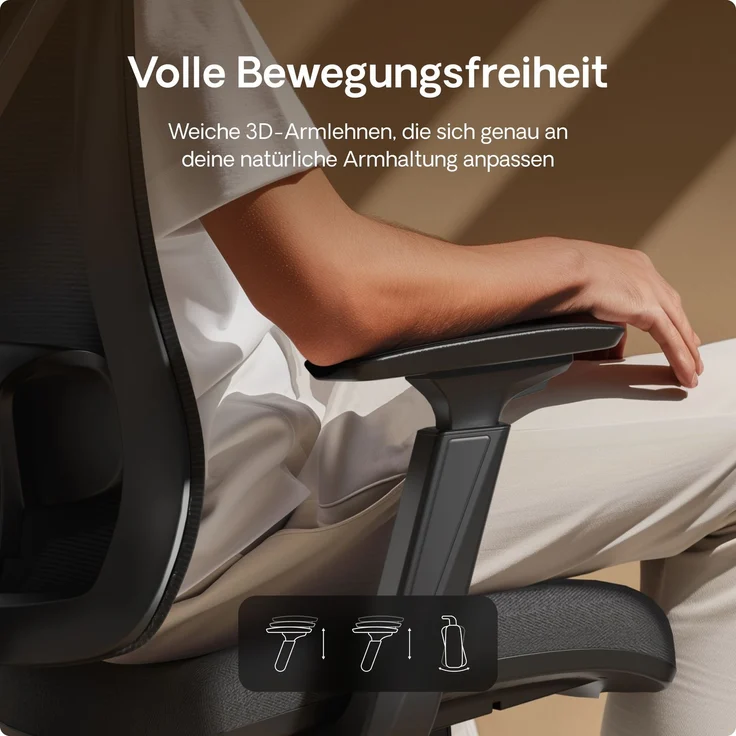 Desktronic Bürostuhl Verstellbarer Ergonomischer SitPro, Schwarz 3-Dimensional Armlehne, Integrierte 5-Wege-Lendenwirbelstütze – Bild 5