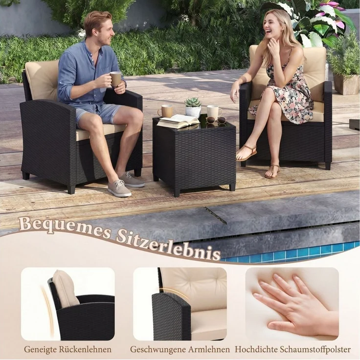 COSTWAY Balkonset, (3-tlg), Gartenmöbel Set Rattan mit Kissen, 2 Stühlen, Tisch – Bild 2