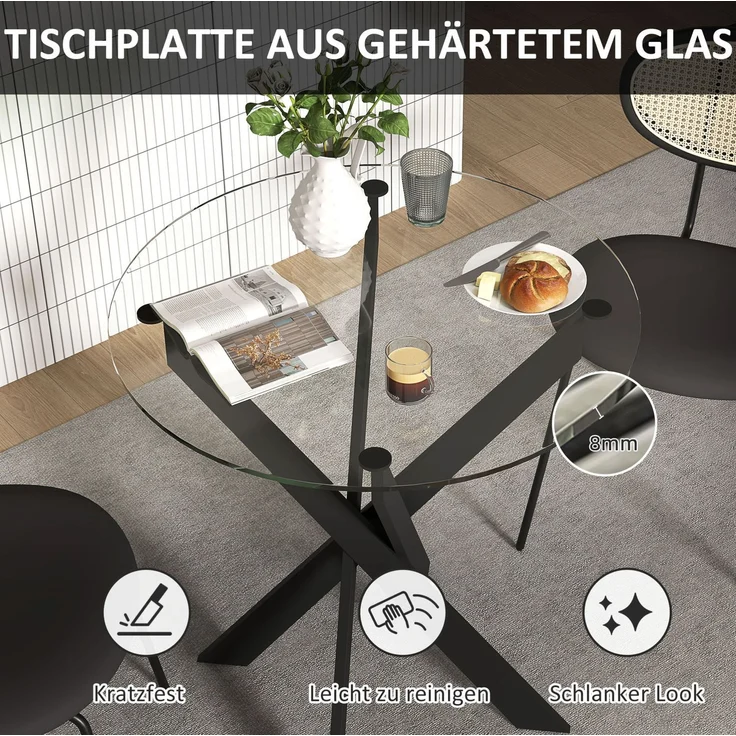 Esstisch Ø70x75 cm aus gehärtetem Glas – runder Küchentisch mit schwarzen Stahlbeinen – Bild 5
