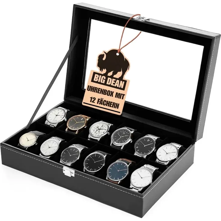 BigDean Uhrenbox für 12 Uhren Glasdeckel - schicke Uhrenbox Herren Watch Box (Packung, 1 St, Uhrenbox), Edle Optik, Kunstleder, Sammler, Samtfutter