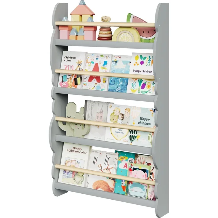 WOLTU Kinder Bücherregal Wandregal, Bücher-Organizer mit 4 Ablagen, Kinderregal für Buchaufbewahrung, aus Kiefernholz E1 MDF, für Kinderzimmer Spielzimmer, Grau