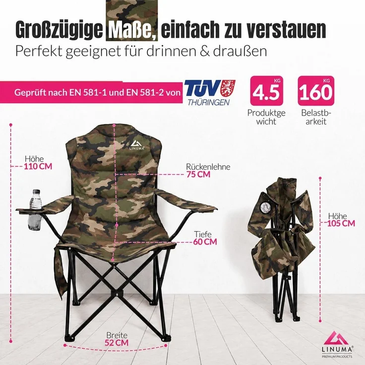 LINUMA® Luxus Faltstuhl PRO CAMOUFLAGE Campingstuhl Anglerstuhl mit Getränkehalter & Tragetasche – Bild 2