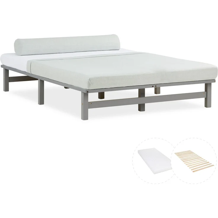 Holzbett 140x200 mit Matratze Holzbettrahmen Palettenbett Grau Doppelbett Bett Massiv Holz Bettgestell – Bild 1
