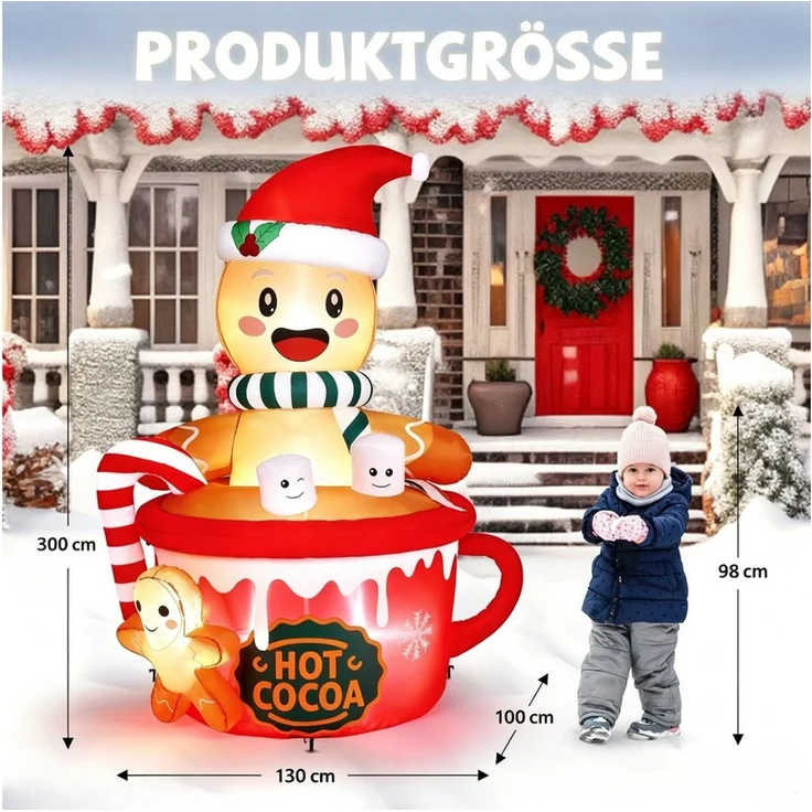 VINGLI Weihnachtsfigur Wetterfest, Weihnachtsdeko Aufblasbar für Innen & Außen, 180 cm Aufblasbarer Lebkuchenmann im Tassen mit Integrierten LEDs – Bild 2