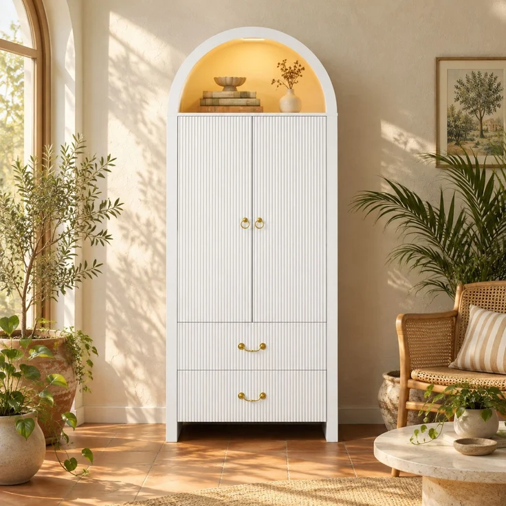 Hochschrank 76 x 38 x 180 cm in Weiß mit App-gesteuerter LED-Beleuchtung und geriffelter Front – Bild 3