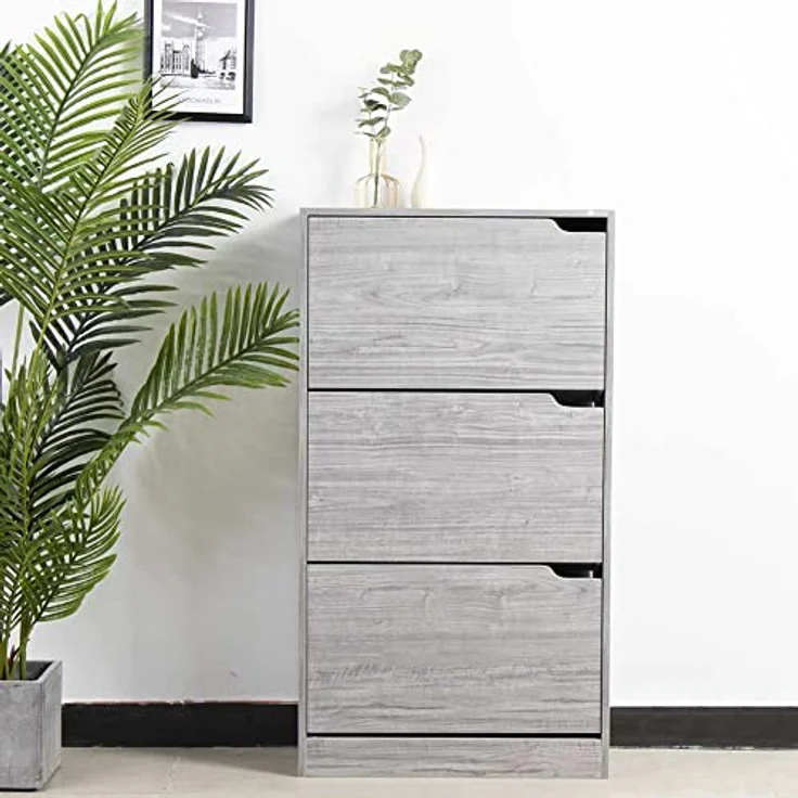 BAKAJI Schuhschrank aus MDF-Holz mit 3 Türen, Schuhregal, versenkbare Griffe, doppelte Tiefe, kompakte Größe, 63 x 24 x 115 cm, platzsparend, Eingangsbereich zu Hause (Grau) – Bild 3
