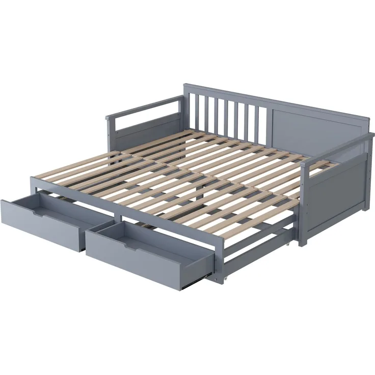 Novelux Multifunktionales Tagesbett 90x190 ausziehbar auf Doppelbett 180x190 mit Schubladen – Massivholz Kiefer Grau, Platzsparendes Gästebett & Kinderbett