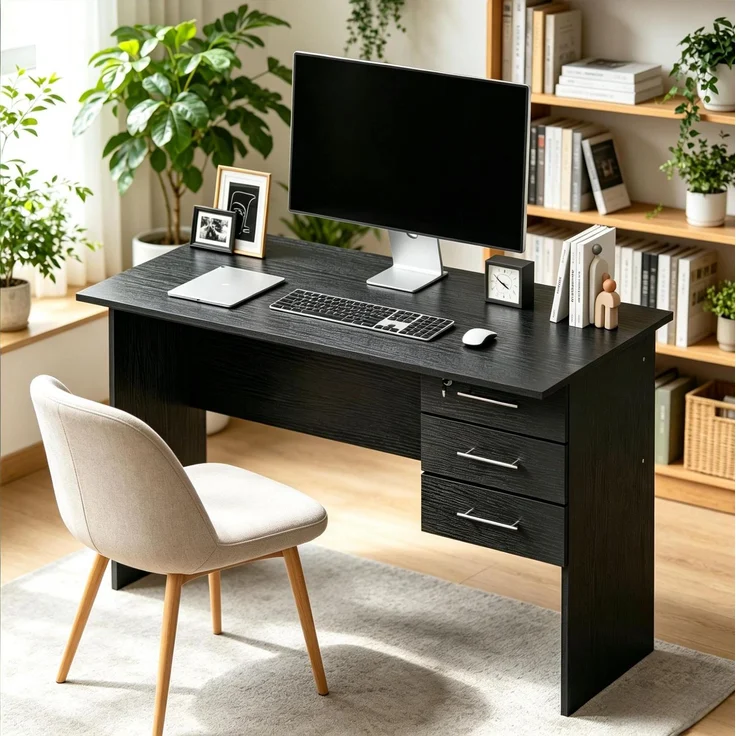 Schreibtisch aus Holz mit 3 Schubladen, 120x60x75 cm, Schwarz – Bild 1