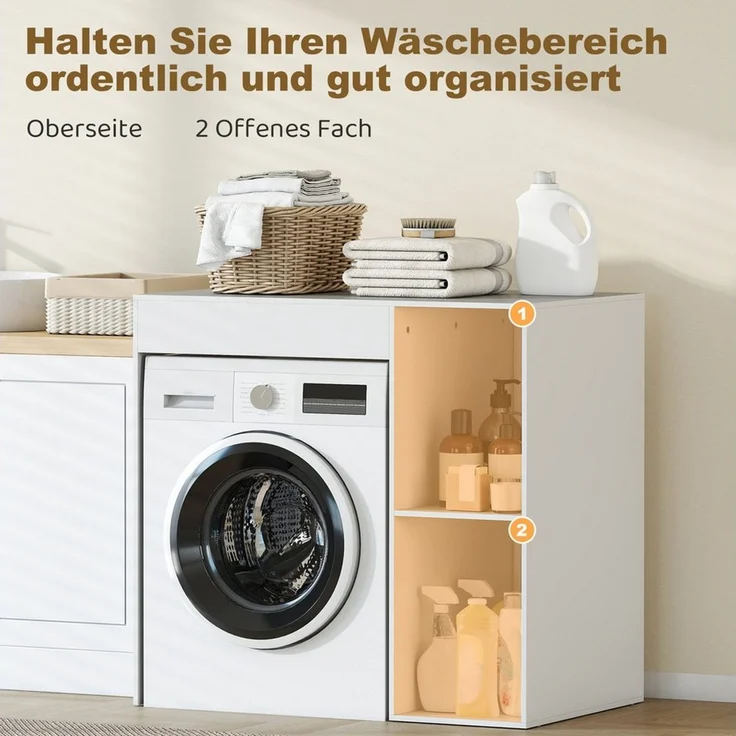 HOMCOM Waschmaschinenumbauschrank mit offenen Ablagefächern (Überbauschrank für Waschmaschine, 1-St, Badschrank) für Badezimmer, Toilette 90 x 60 x 90,5 cm, Weiß – Bild 3