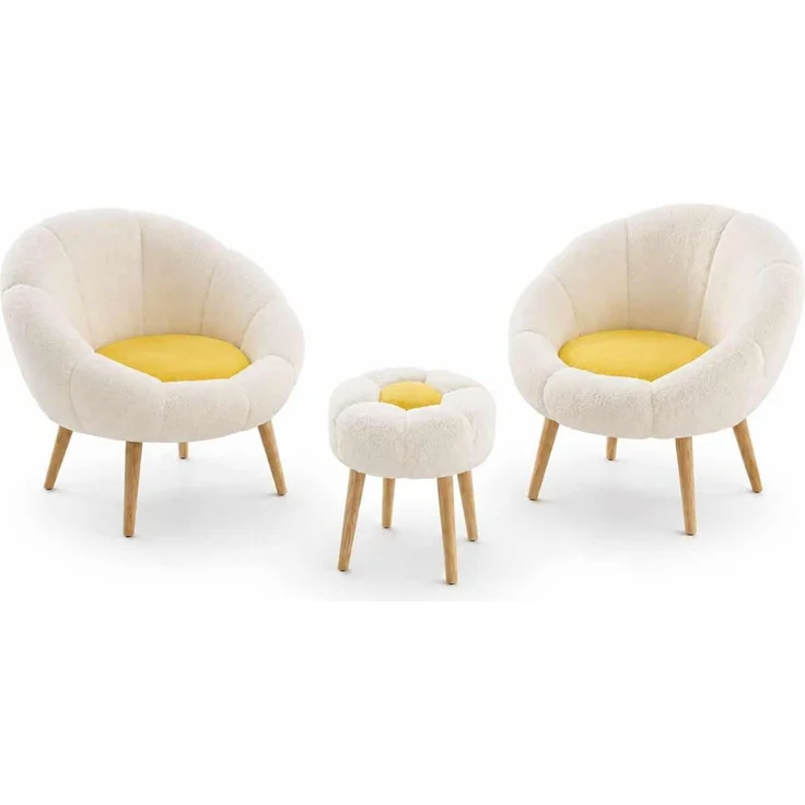 Hanah Home Elegantes Ohrensessel- und Pouf-Set (3-teilig), Weiß & Gelb, 100% Wellssoft-Stoff, 18 mm Melaminplatte | Perfekt für Moderne Wohnzimmer und gemütliche Räume – Bild 1
