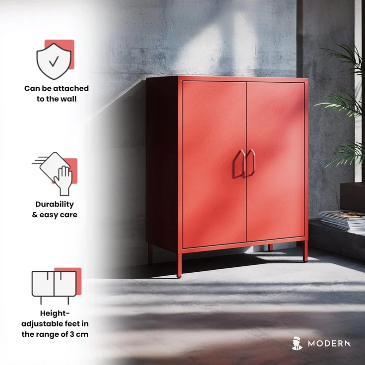 Jan Nowak Sideboard aus Metall, Kommode Glitzernd mit Doppeltür - VITO | Magnetverschluss, Verstellbare Einlegeböden | Highboard Wohnzimmer, Flur, Industriedesign | 80 x 101,5 x 40 cm | Rot – Bild 5