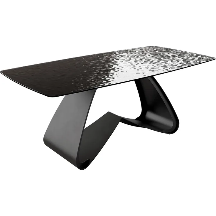 Esstisch Edge Boot 200x100 Reliefglas Rauchschwarz 3D-Design W-Gestell Metall Schwarz