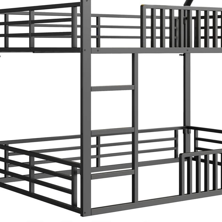 U-life Haus-Etagenbett 140x200 cm mit Sicherheitszaun, LED-Beleuchtung und 2 Lattenrosten, Schwarz – Bild 6
