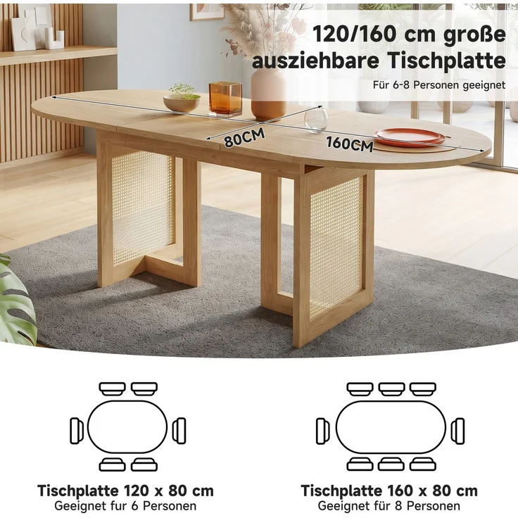 Ausziehbarer Esstisch 120/160 * 80 cm, geeignet für 6–8 Personen,Esstisch mit abgerundeten Ecken, verdickte Tischplatte, ausziehbarer Esstisch im einfachen Stil, Tischbeine aus Rattan, Eichenfarbe – Bild 6