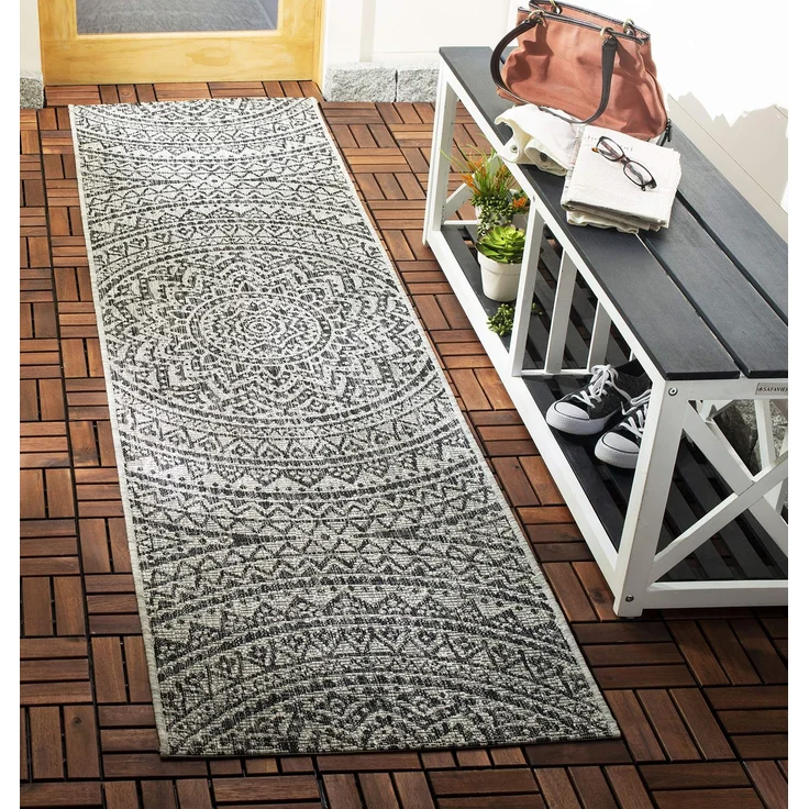 SAFAVIEH Zeitgenössische Teppich für Wohnzimmer, Esszimmer, Schlafzimmer - Courtyard Collection, Kurzer Flor, Hellgrau und Schwarz, 69 X 201 cm