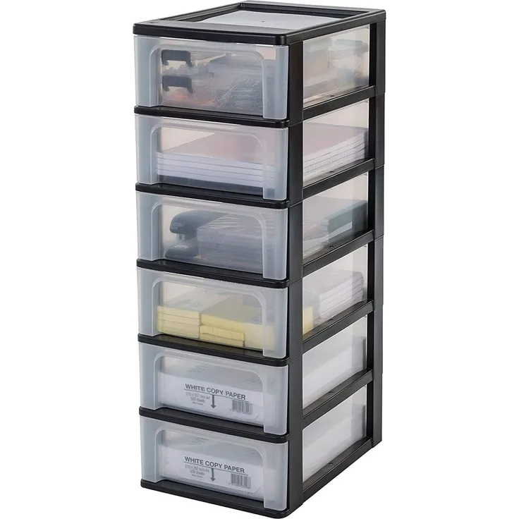 Iris Ohyama, Schubladenschrank, Schubladencontainer, 6 Schubladen mit 7 L, Format A4, durchsichtige Schubladen, Büro, Wohnzimmer - Organizer Chest OCH-2006 - Schwarz