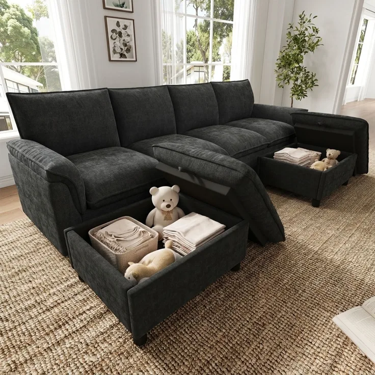 Merax U-förmiges modulares Sofa, bequemes Ecksofa mit Deep-Seat-Design, mit 2 beweglichen Fußhockern, hohe Rückenlehne, Chenille, Schwarz, B264.5/D142.5/H84
