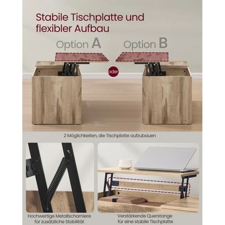 VASAGLE Couchtisch höhenverstellbar, Wohnzimmertisch, 2 Schubladen, versteckte Fächer, Kaffeetisch, offener Stauraum, braun-weiß – Bild 4