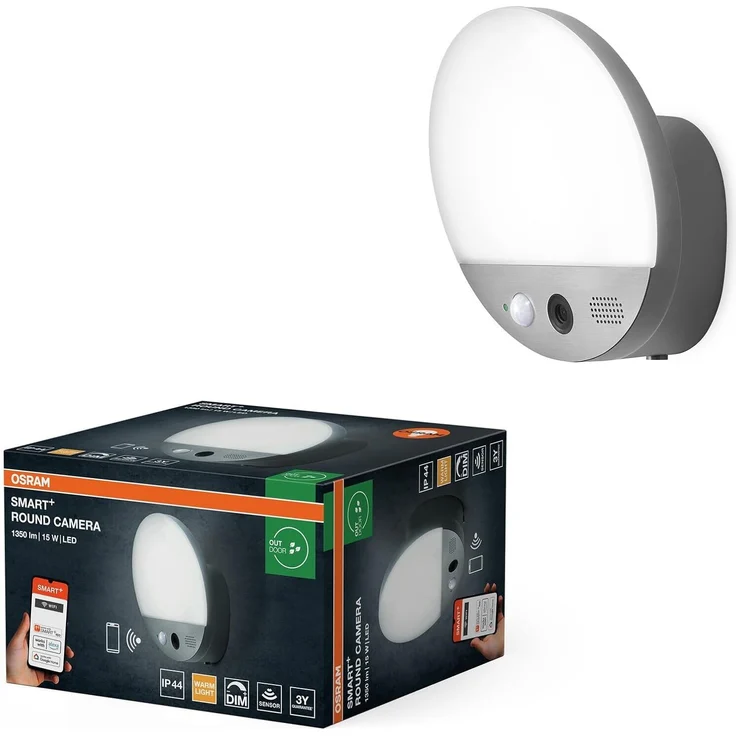 Osram SMART+ Außenleuchte mit HD-Kamera und Bewegungsmelder, WiFi-Steuerung, warmweißes Licht 3000K, IP44-Schutz für Haustür und Garage