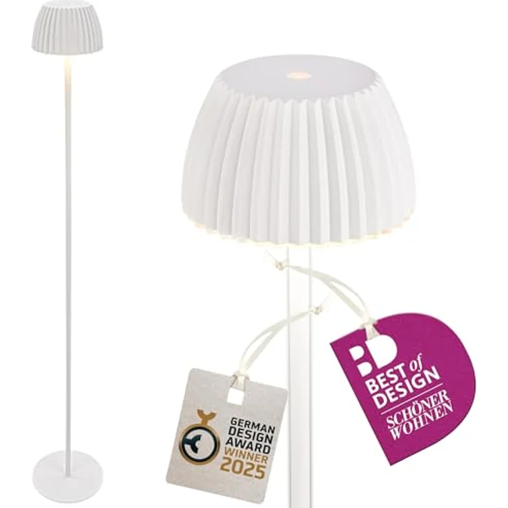 BRILONER - Riffle LED Stehlampe kabellos IP44 mit Touch, 19x124 cm, dimmbar, Memoryfunktion, Akku tauschbar, Akku Stehleuchte, Leselampe, Wohnzimmerlampe, German Design Award Winner 2025, Weiß – Bild 2