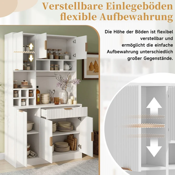 Buffetschrank 100 x 40 x 175 cm mit Steckdosen, USB, Weinablage – Hochschrank in Weiß – Bild 7