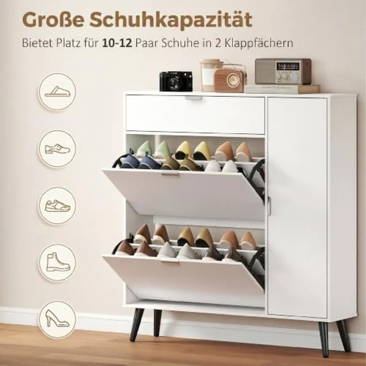 HOMCOM Schuhkipper Schuhaufbewahrung mit 2 Klappen, 2 Türen, verstellbare Trennwand (Schuhkommode, 1 St, Schuhschrank), für ca. 10-12 Paar Schuhe, Soft-Close – Bild 6