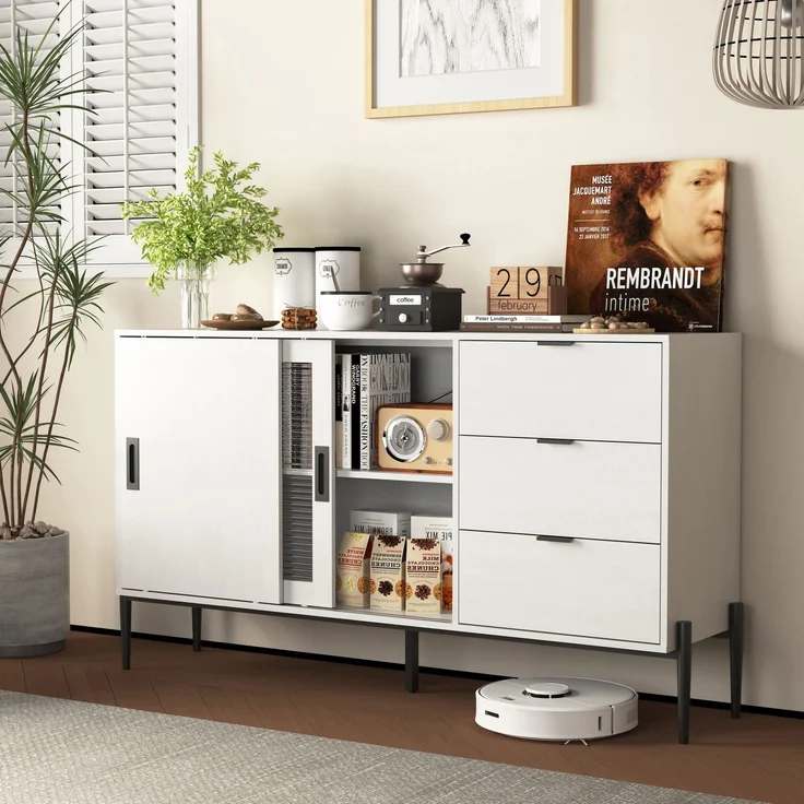 Klassisches Sideboard mit geripptem Glas und 3 Schubladen in Weiß, 160 lbs Tragfähigkeit – Bild 5