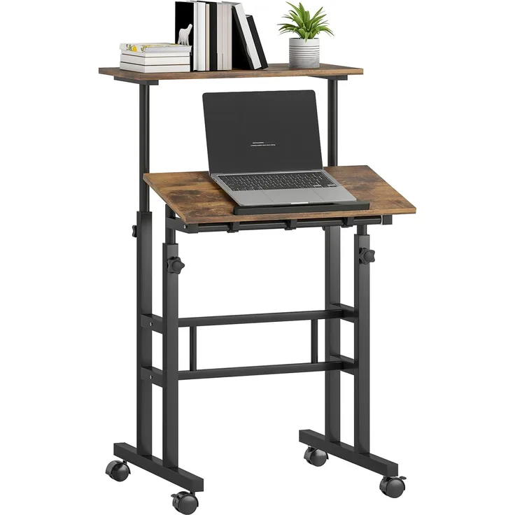 MELAYR, Sitz-Steh-Schreibtisch, höhenverstellbarer Schreibtisch 60 x 60 cm mit Rollen, Rustikales Braun