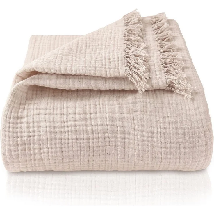 Laynenburg Tagesdecke Musselin mit Fransen aus 100% Baumwolle – Baumwolldecke, Wohndecke als Sommerdecke, Bett-Überwurf, Sofa-Decke, Kuscheldecke – Bild 1