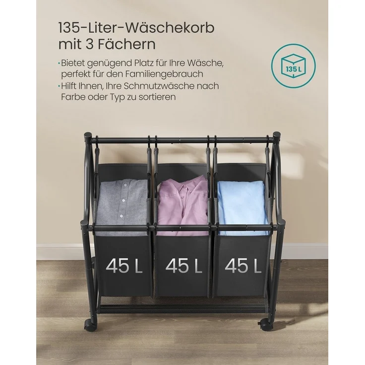 Songmics Wäschekorb mit Rollen, Wäschesammler mit 3 abnehmbaren Wäschesäcken, Wäschewagen, für Waschküche Schlafzimmer Badezimmer, 3x45 L, tintenschwarz – Bild 2