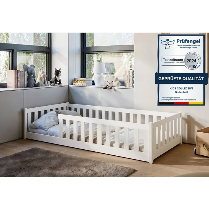 Kids Collective Kinderbett Bodenbett Bett mit Rausfallschutz & Lattenrost Montessori Bett Kinder (weitere Größen 80x160, 90x200, 120x200, 140x200 cm), Jugendbett Einzelbett optional mit Matratze, weiß Kiefer 80 x 180 cm
