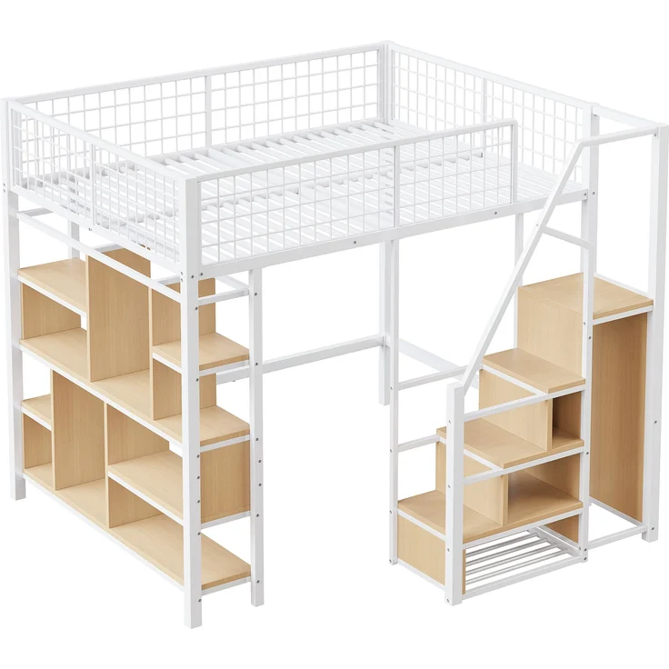 Multifunktionales Hochbett 140x200 cm aus Metall mit Stauraum und Treppe – weiß – Bild 8