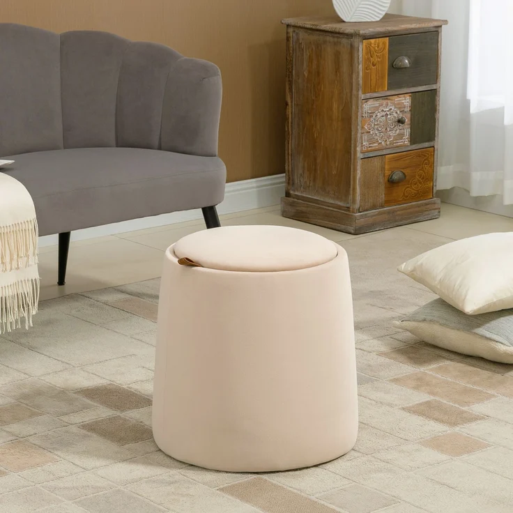 Ottomane 44x44x47,5 cm in Beige, Polyester in Samtoptik mit Stauraum und Wendedeckel – Bild 1