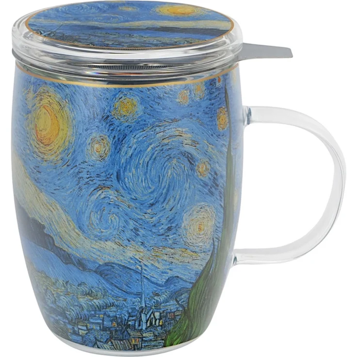 DUO ART GALLERY Glasbecher 350 ml mit Teesieb STARRY NIGHT inspired by Van Gogh, doppelwandiges Kristallglas – Bild 2
