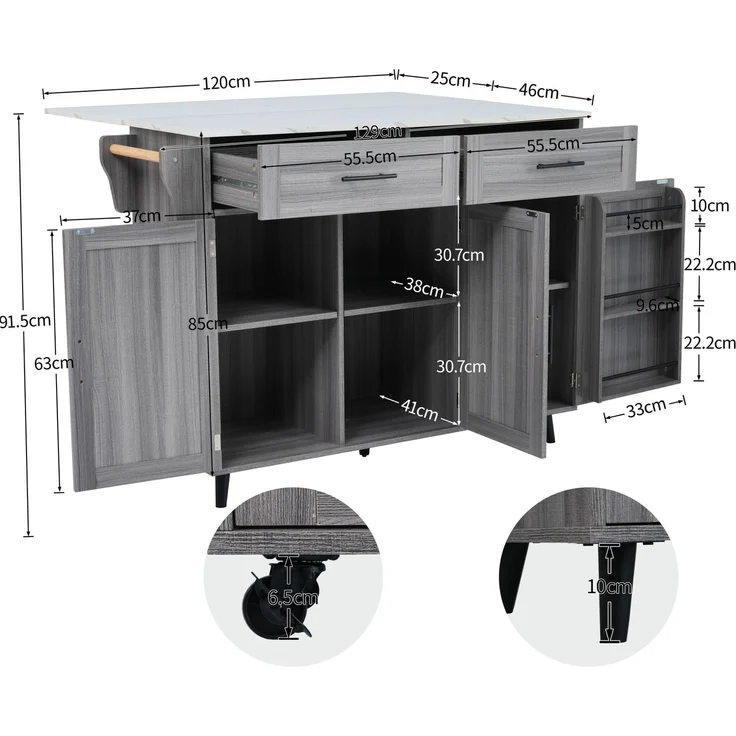 Küchenwagen aus MDF mit ausklappbarer Arbeitsplatte, 129x46x91,5 cm, Grau/Weiß – Bild 6