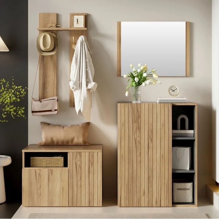 i@home Garderobenschrank 4-in-1 Garderoben-Set mit Spiegel, Schuhschrank, Haken und Schuhbank (4-St) Flurmöbel-Set für Diele & Eingangsbereich Holzoptik, 120 x 35 x 123 cm – Bild 1