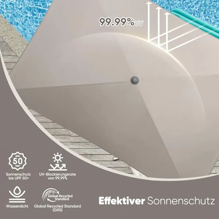 Sekey 210 × 140 cm Sonnenschirm mit Schutzhülle, Balkonschirm Gartenschirm Terrassenschirm, Sonnenschutz UPF50+, Kippbar, Höhenverstellbar, Rechteckig – Bild 7
