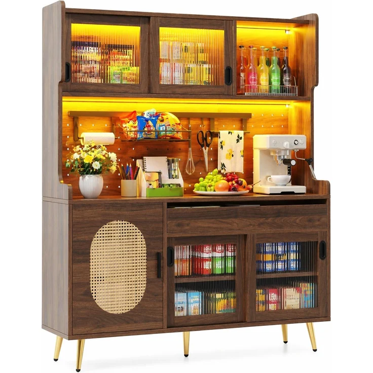 Buffetschrank aus MDF mit LED-Lichtleiste, Schubladen & Lochplatte, 145x39x171 cm, Braun – Bild 6