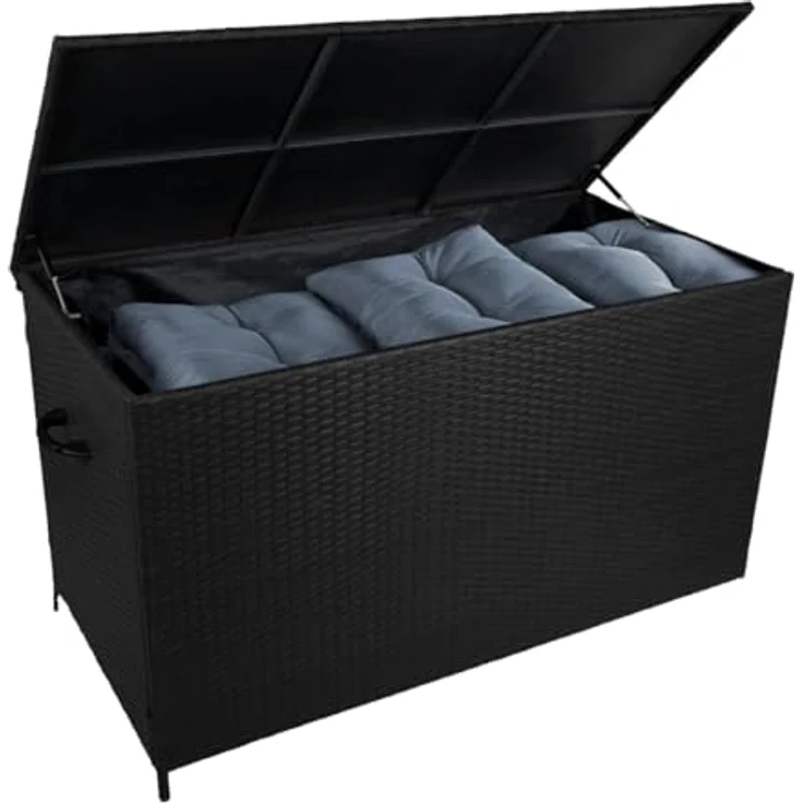 Monstershop Kissenbox, Rattan mit pulverbeschichtetem Stahlrahmen, Schwarz, 582 Liter Stauraum, gasunterstützter Deckelhebemechanismus – Bild 2