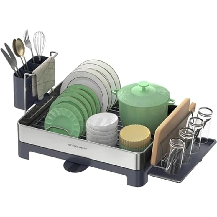 SONGMICS Abtropfgestell, Geschirr-Abtropfständer Edelstahl, drehbarer Auslauf, Abtropfschale, Tassenhalter, fingerabdruckresistent, für Küche, 31,7 x 57,2 cm, silbern-grau KCS030E01V1 – Bild 6