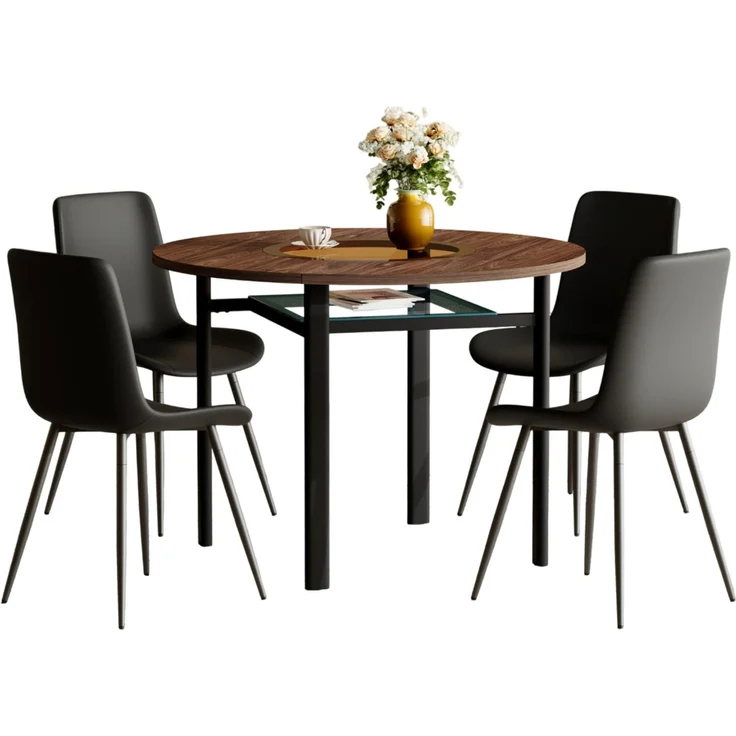 Essgruppe mit rundem Tisch Ø 100x76 cm, Glasablage & 4 PU-Stühlen, Braun/Schwarz – Bild 3
