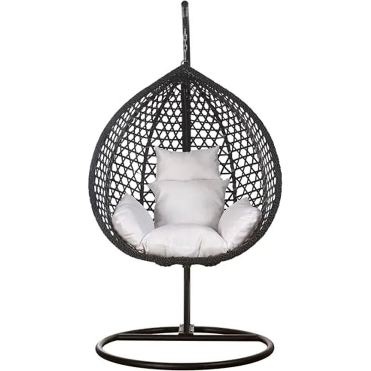 Luxus Hängesessel Style XXL Rattan Korb Gestell Schwarz mit Relaxkissen Weiss – Bild 2
