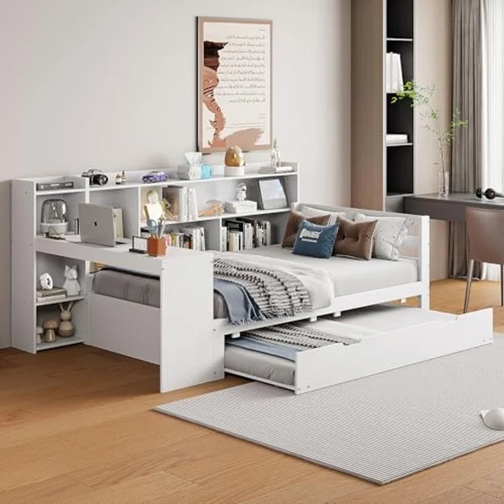 Odikalo Ausziehbett Daybett Schlafsofa Schreibtisch Regal Ablagefach Weiß/Grau 90/140 – Bild 5