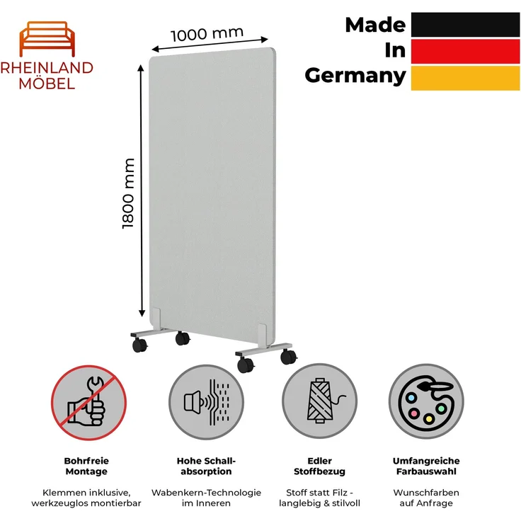 Rheinland Möbel FocusWall STWR1018 – Akustik-Stellwand 1000×1800 mm in Stofffarbe Slip inkl. Rollen – Mobile Schreibtisch-Trennwand für Büro & Homeoffice – Schallschutz – Made in Germany – Bild 2