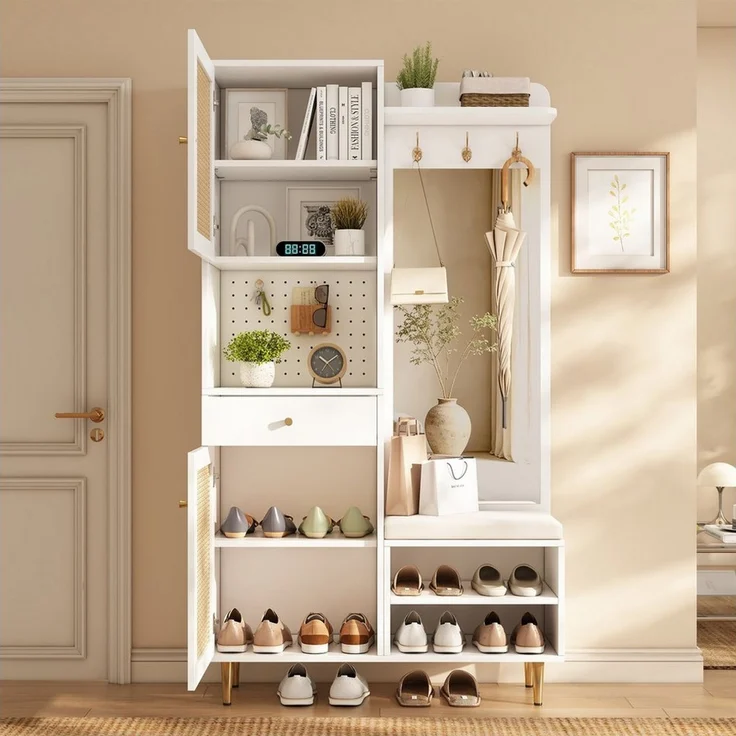 Flieks Garderobenschrank Rattan-Garderobenständer Schuhregal Spiegel Haken Lochwand Sitzkissen (verstellbare Einlegeböden, 1-St, 99x35x180 cm) Kompaktgarderobe Garderoben-Set Flurschrank Weiß, Eisenbeine – Bild 3